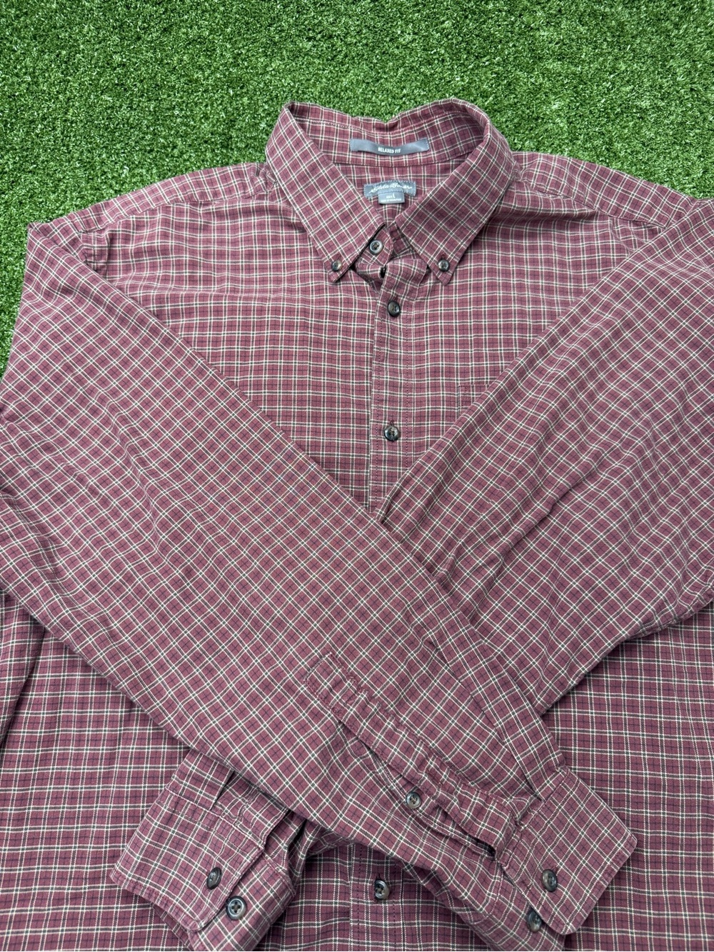 Eddie Bauer Mens Relaxed Fit Cotton Plaid Grid Button Down Dress Casual Shirt Lg